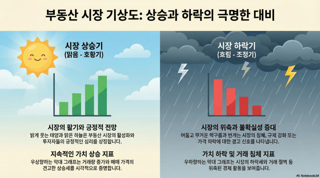 2026년 3월 4주차 서울 아파트값 양극화 기상도 인포그래픽. 거래가 활발하고 상승세인 용산, 동작 등 한강벨트는 맑음으로, 대출 규제로 관망세 및 하락 조정을 겪는 강남 3구는 흐림으로 대비하여 보여줍니다.