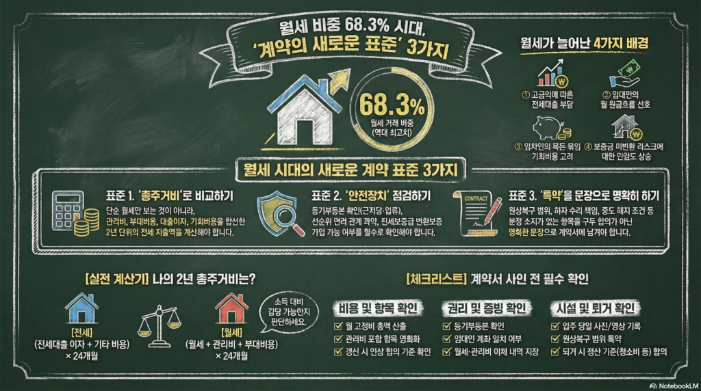 월세 비중 68.3%의 의미(반전세 포함)를 쉽게 설명하고, 세입자·임대인 체크리스트와 총주거비 비교법을 한 번에 정리